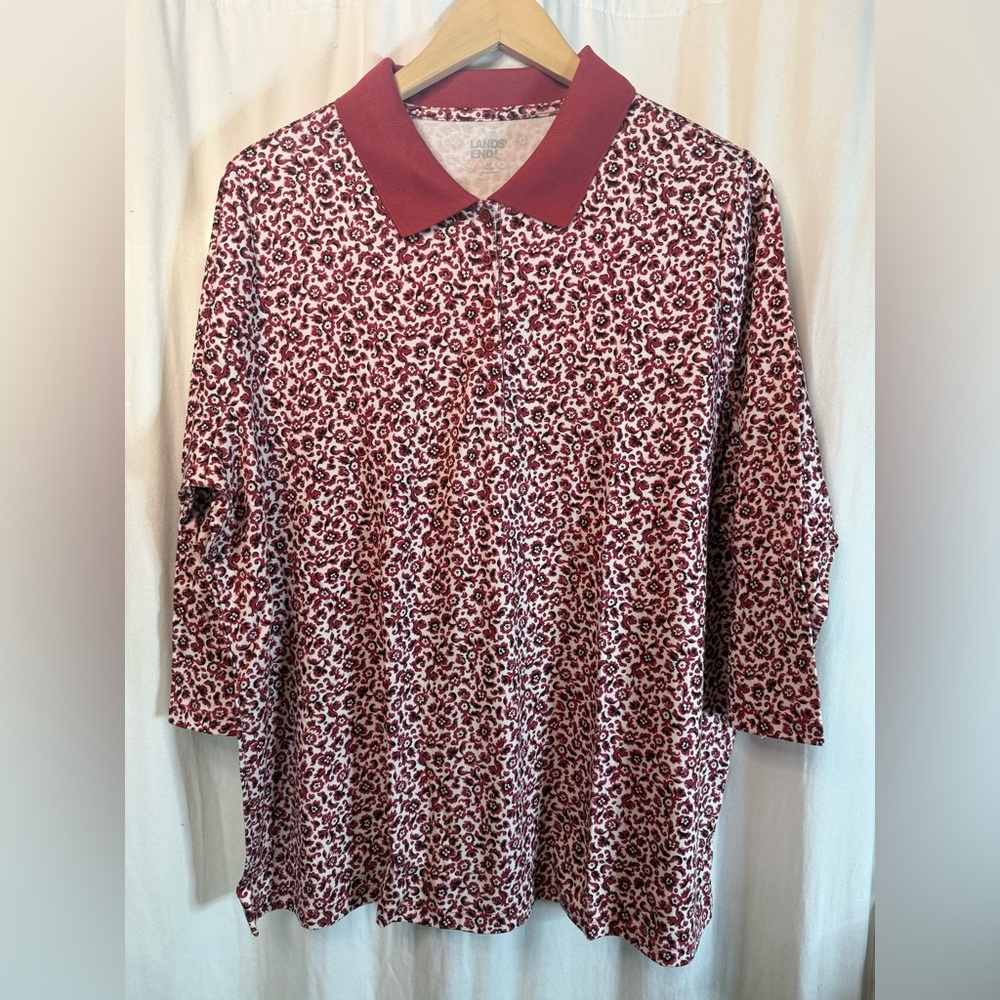 Lands' End Burgundy Floral Button Down Polo Shirt